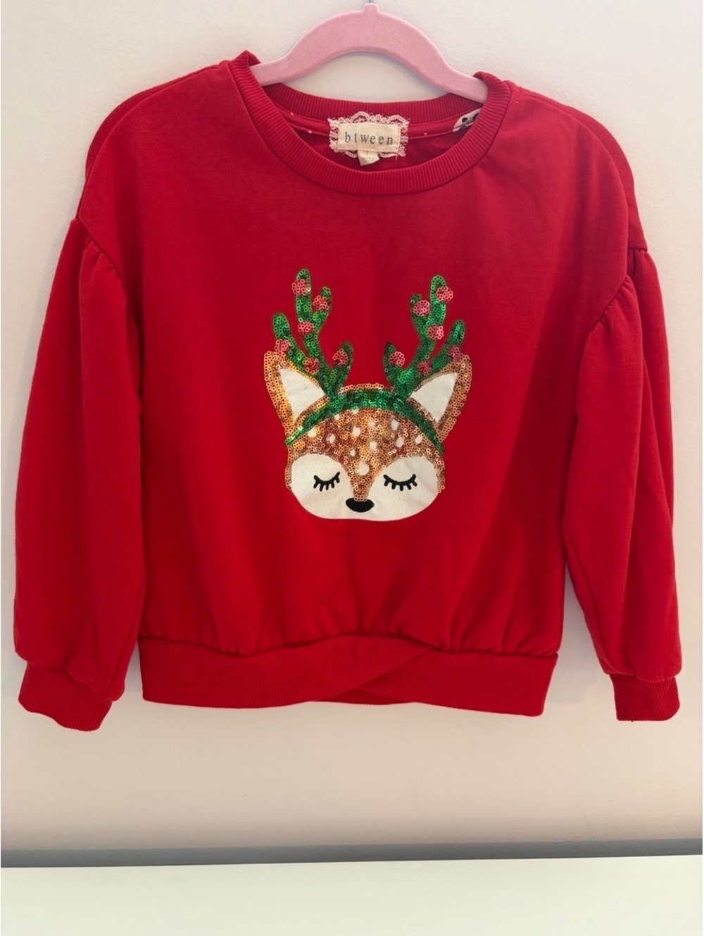 btween Red Girls Sweatshirt with Sequin Reindeer Design